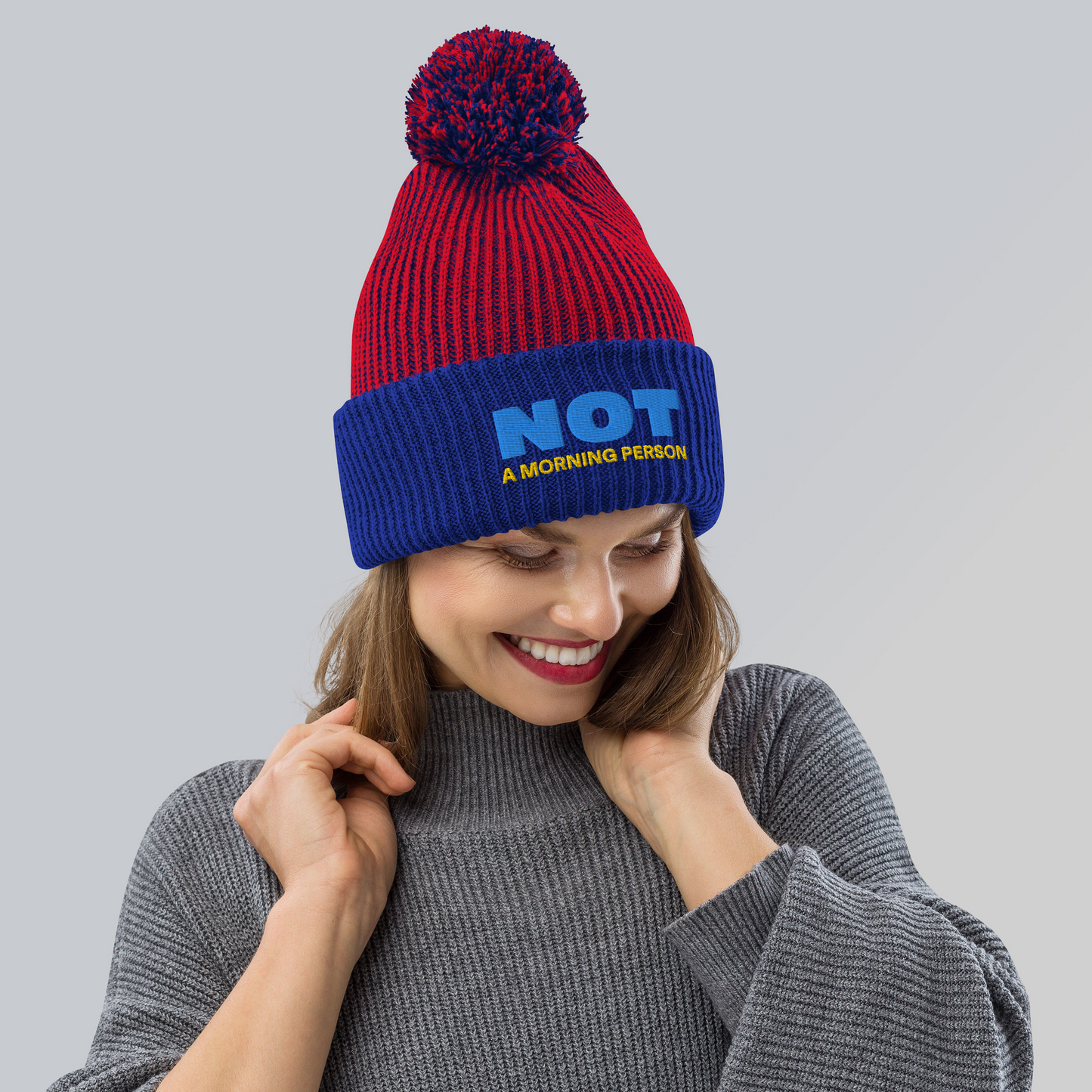Unisex Pom-Pom Beanie. with "Not a morning person" statement
