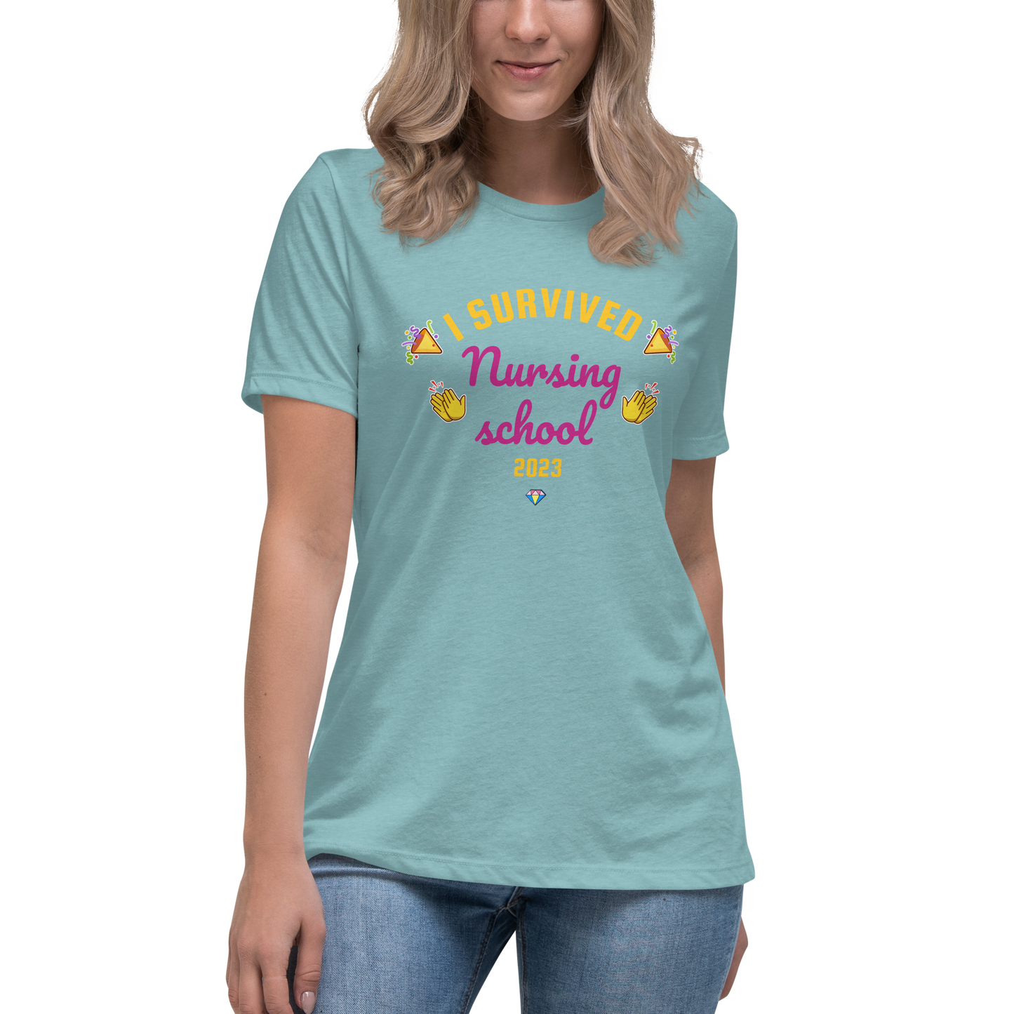 Women's Relaxed T-Shirt with quote "I survived Nursing School 2023"
